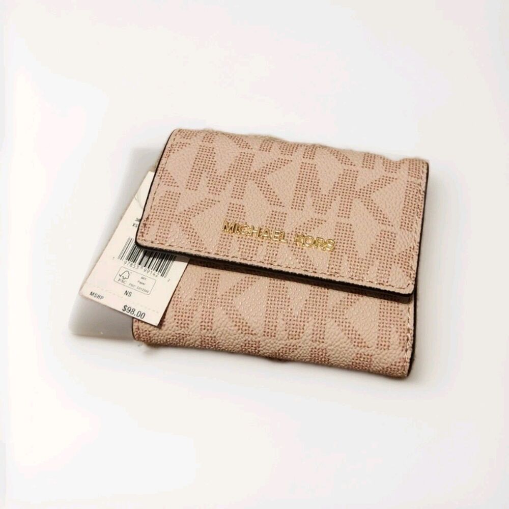 NWT~MICHAEL KORS JET SET LEATHER XS TRIFOLD WALLET LT. Ballet MK PRINT